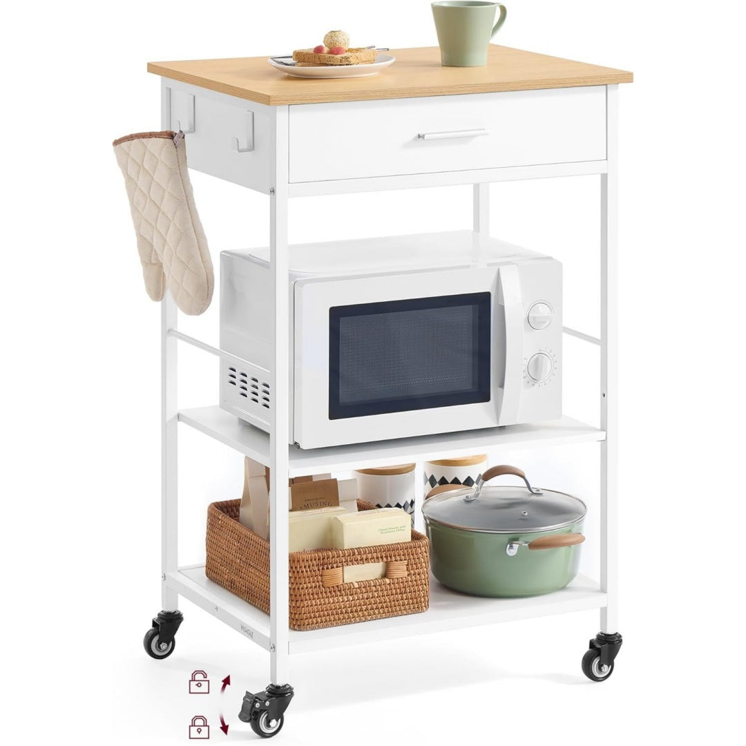 kuechewagen mit rollen schublade 2 haken 47 x 60 x 90 cm mobiler servierwagen mit stauraum kuecheninsel fuer esszimmer eichenbeige-mattweiss barnet kollektion kki007y01