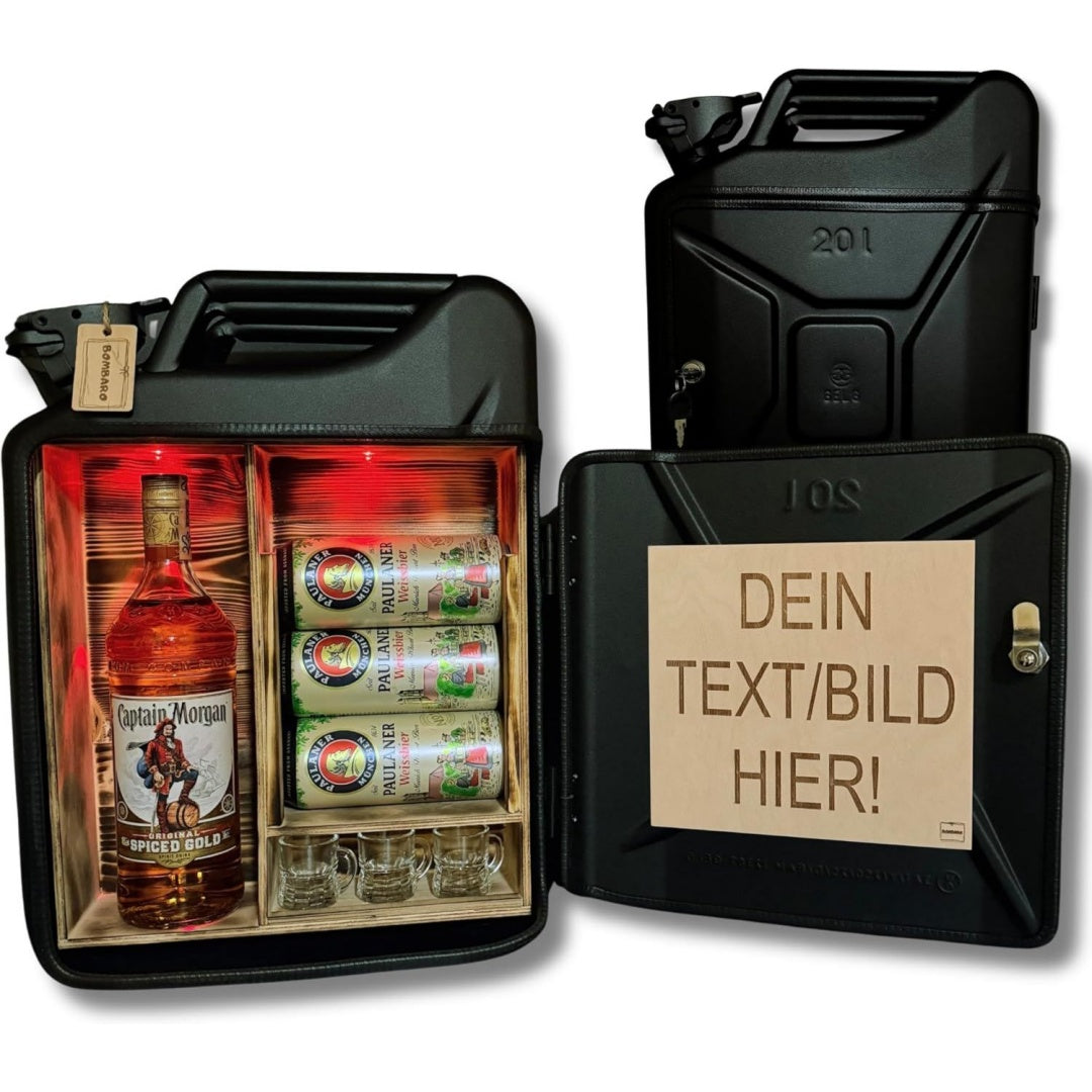 20l kanister mini bar premium i maximal personalisierbar mit gravur lichtemittierende diode beleuchtung i 3 glaeser i jerrycan i mobile kanister bar geschenk fuer maenner i abschliessbare minibar i bier geschenk
