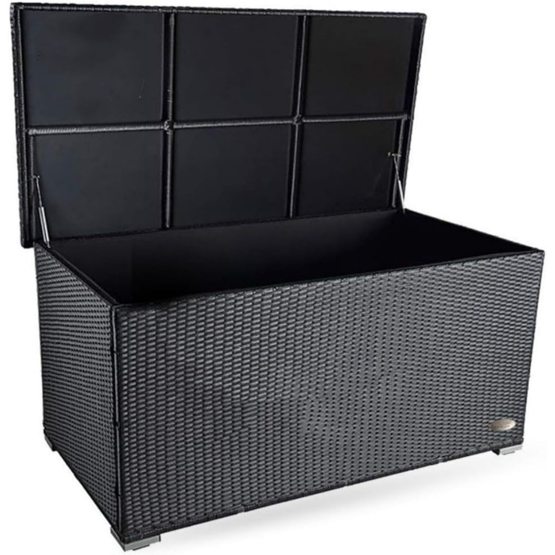 auflagenbox wasserdicht xxl 950l schwarz gartenbox aufbewahrungsbox garten kissenbox outdoor gartentruhe grosse gartenkiste fuer polster wetterfeste garten-aufbewahrung polyrattan