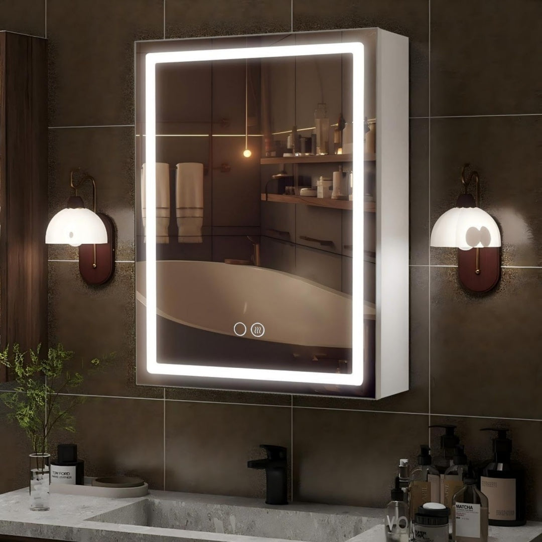 badezimmer spiegelschrank mit beleuchtung aluminium 50x70cm lichtemittierende diode badezimmerschrank mit spiegel 2 steckdosen 3 ablage 3 farbtemperatur dimmbare beschlagfrei haengeschrank badschrank