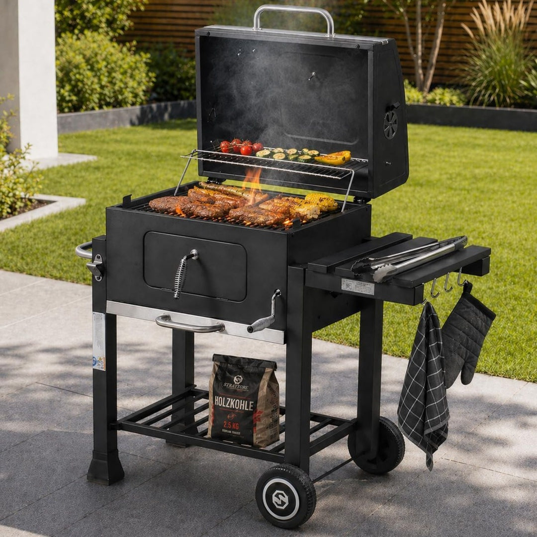 holzkohlegrill xl grill grillwagen verstellbarer standgrill mit deckel quadratischer barbecue gartengrill aus eisen - garten camping terrasse - grillrost und thermometer holzkohle grill