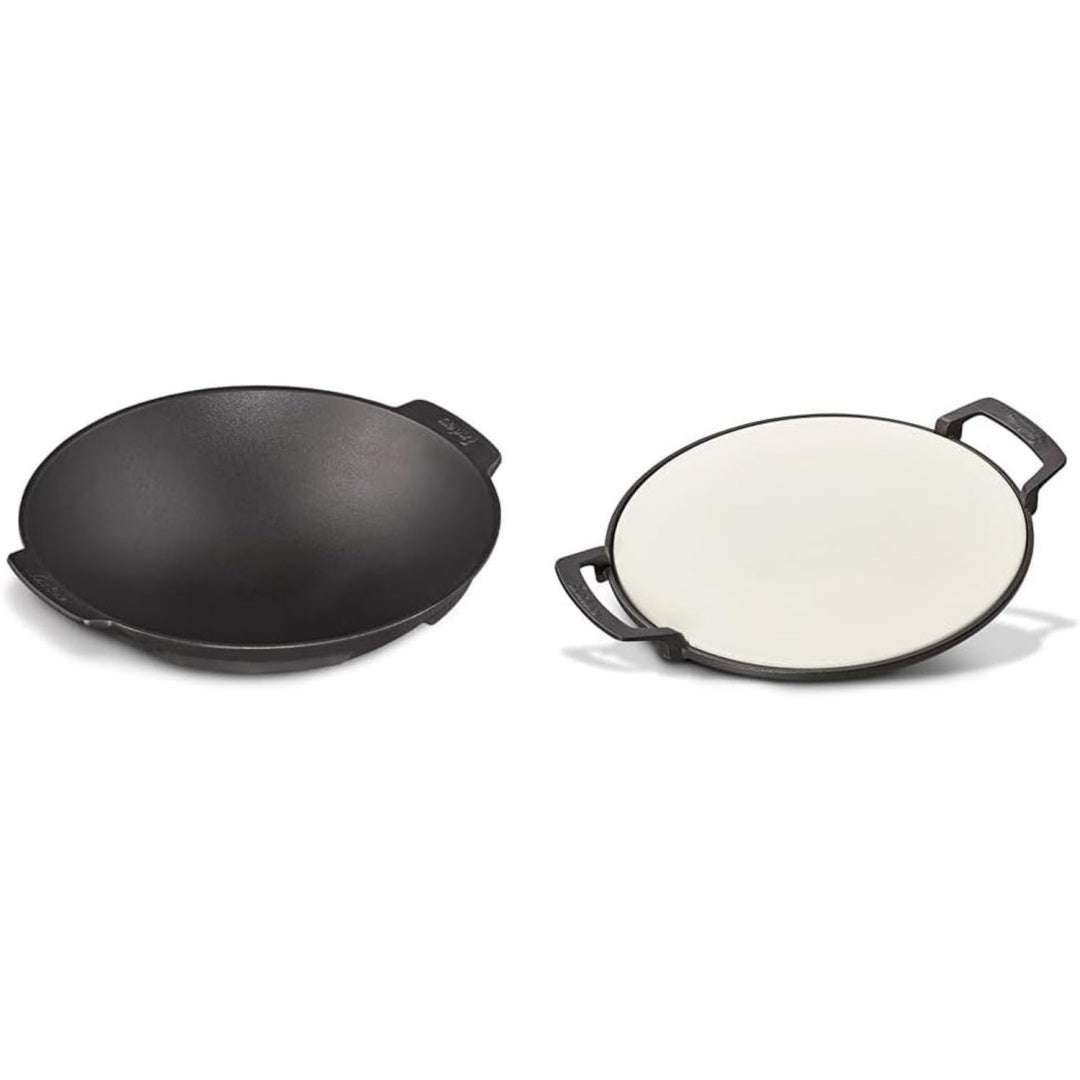 wok schwarz aus massiv emailliertem gusseisen pizzastein halter aus gusseisen