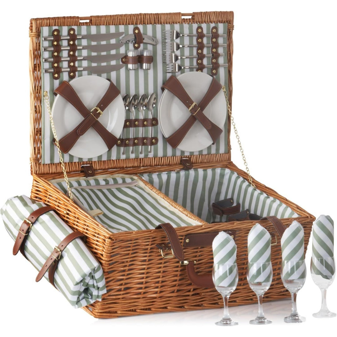 picknickkorb 4 personen mit geschirr-set und kuehlfach 29-teilig picknickkoffer mit gestreiftem innenmuster weidenkorb mit kunstlederriemen picknicktasche picknick set