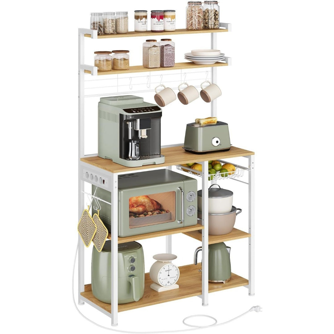 kuechenregal standregal mit steckdosen 8 s-haken mit korb kaffeebar baeckerregal gewuerzregal 40 x 90 x 1655 cm goldeiche-mattweiss barnet kollektion kks031y19