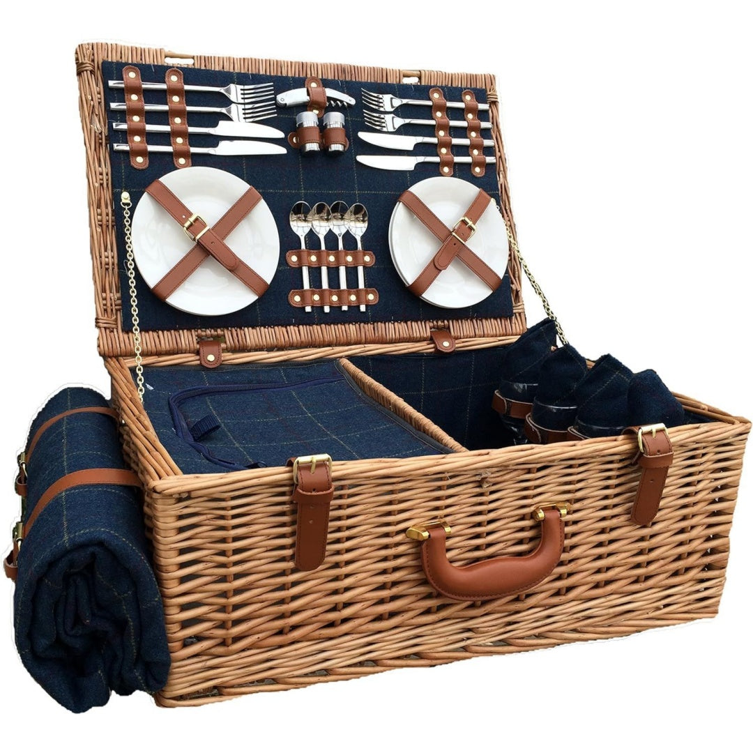 fh063 picknickkorb fuer 4 personen blau tweed braun 38 x 58 x 22 cm