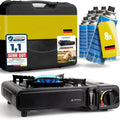 gaskocher inkl 8 kartuschen campingkocher mit piezozuendung camping gaskocher stufenlos regulierbar gaskocher camping 1-flammig campingkocher testnote sehr gut camping gaskocher piezozuendung 2,1 kw transportkoffer made in europe gas