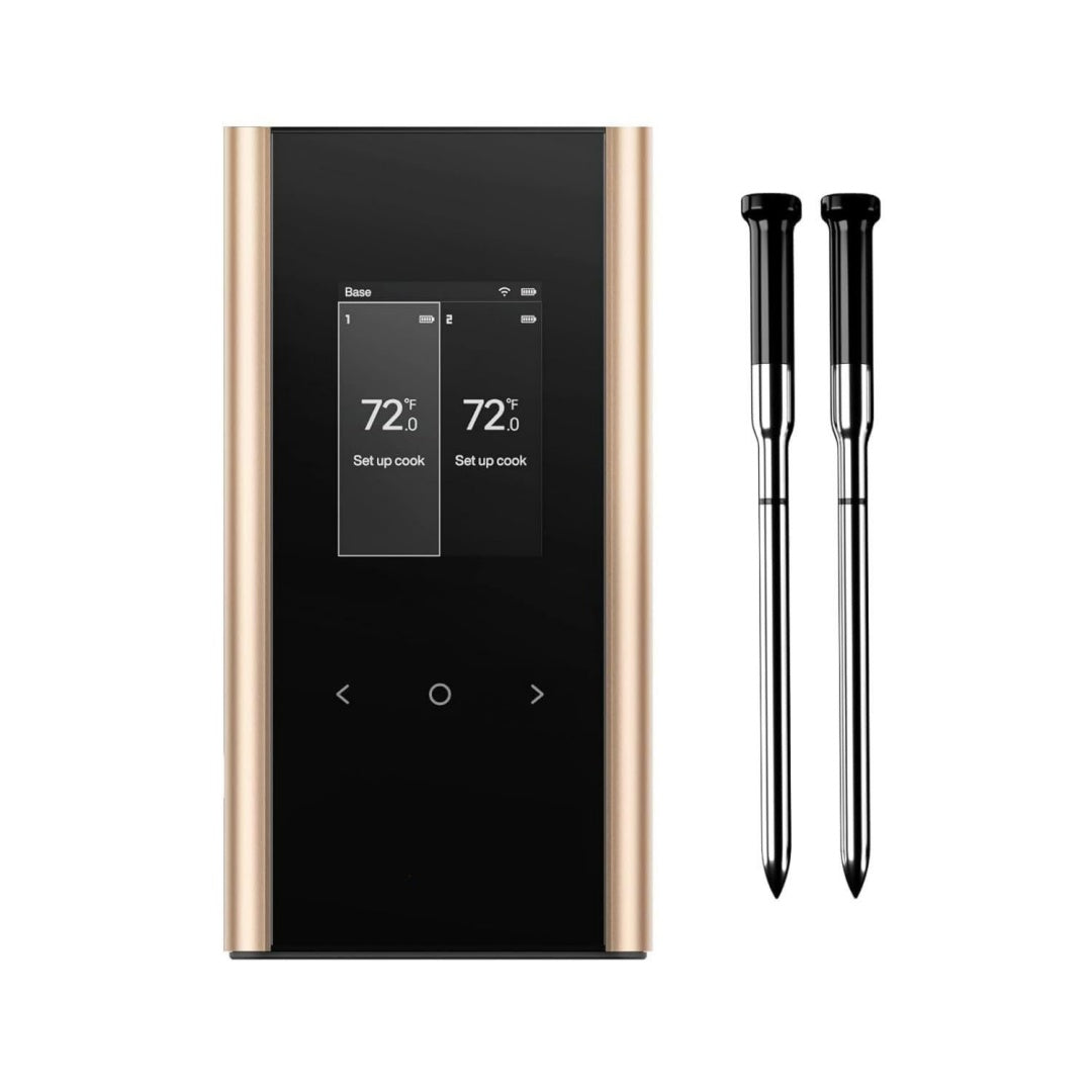 sync gold fleischthermometer kabellos mit 2 schlanke sonden ki app smart grillthermometer kabellos mit 6 sensoren 10x staerkeres signal 0,3c genauigkeit aluminium basis ipx8 wasserdicht