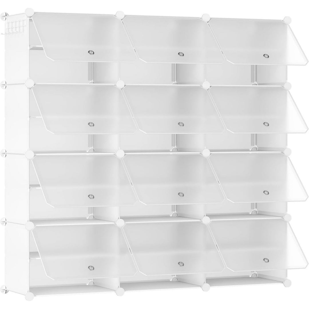 schuhregal mit 12 faechern schuhschrank fuer 48 paar schuhe 40 x 30 x 30 cm pro fach schmal mit tueren kunststoff fuer wohnzimmer schlafzimmer flur eingang weiss eww38sc01
