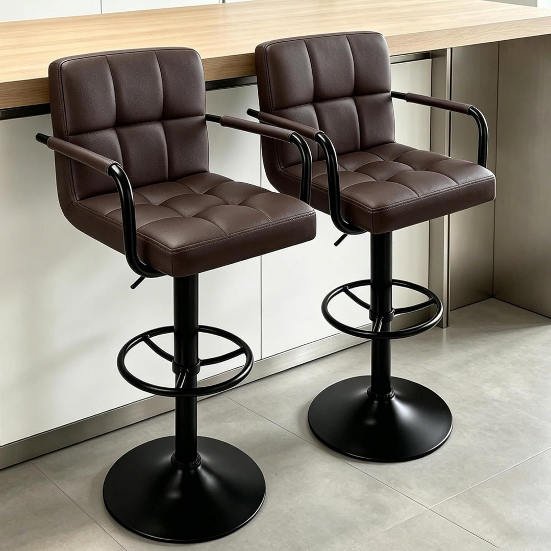 verdego barhocker 2er set barstuhl hoehenverstellbar um 20cm mit armlehnen rueckenlehne und silber fussstuetze kuechenhocker aus polyurethan-leder stahlgestell 360drehstuhl bar hocker braun