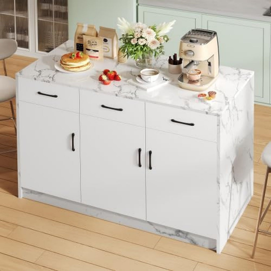 grosse kuecheninsel 120 x 60 x 90,5 cm mit barbereich weisses marmordesign 3 schubladen 3 tueren verstellbare einlegeboeden ideal fuer kuechenzeile kuechenschrank und buffetschrank