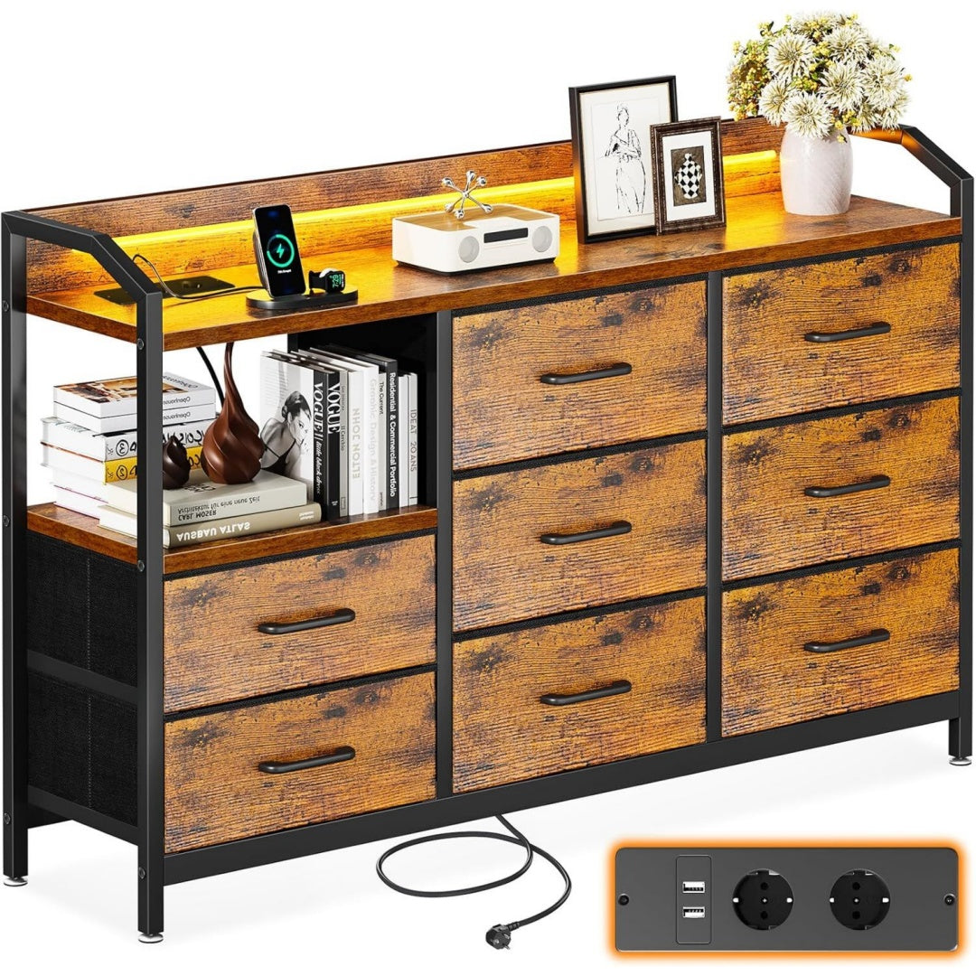 kommode mit lichtemittierende diode 2 usb und 2 steckdosen 8 vintage stoffschubladen kommode mit schubladen lichtemittierende diode mit 10 einstellbaren farben kommode wohnzimmer 110 x 30 x 88cm